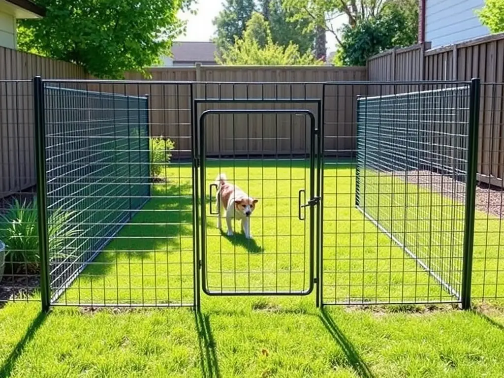 A medium shot of a series of Mutual Metal kennel panels forming a spacious and secure dog run in a backyard setting, emphasizing the ease of assembly and customization.