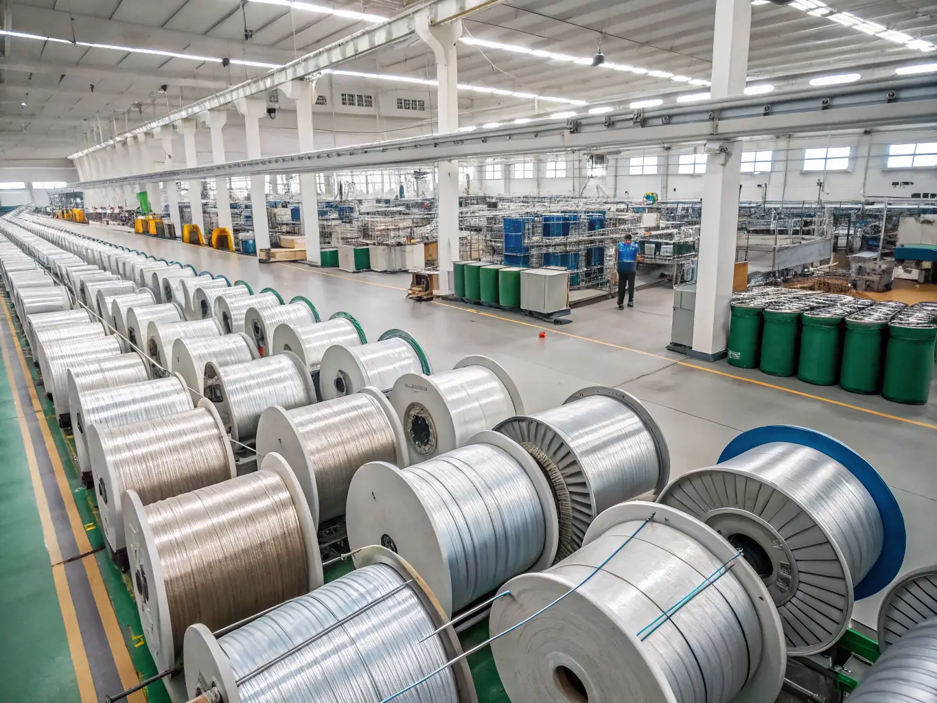 A high-angle shot of a metal wire mesh being manufactured in a modern factory setting, showcasing the precision and technology involved in the process.