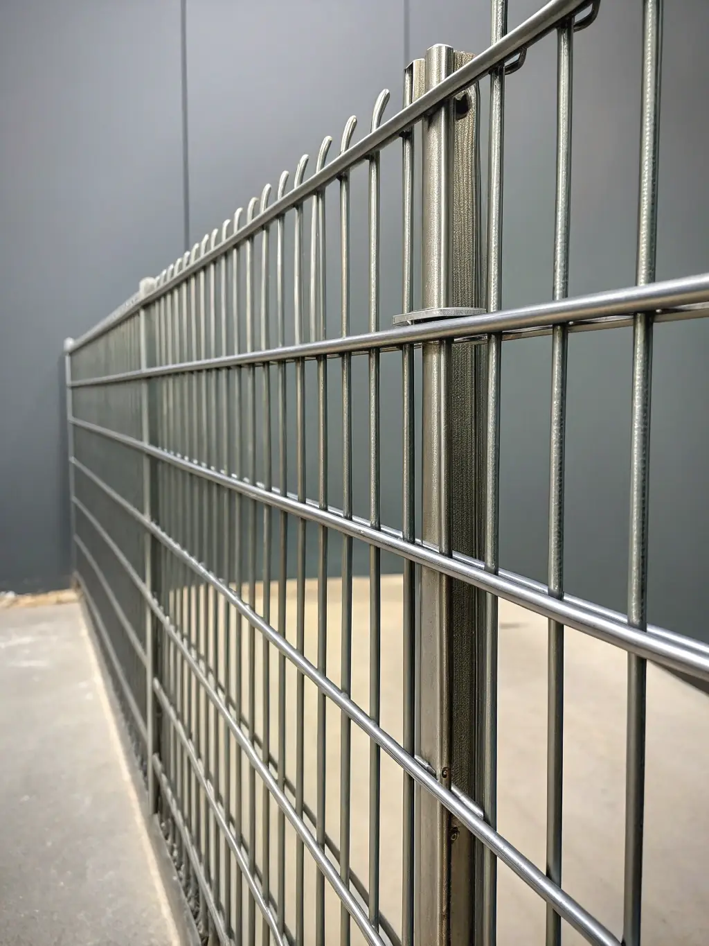 An image of galvanized wire mesh, highlighting its protective zinc coating, used in security fencing.