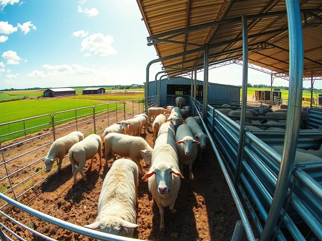 A high-angle, close-up shot of a Mutual Metal sheep panel installed on a farm, showcasing its robust welded wire construction and secure connections, with sheep safely contained within the enclosure.