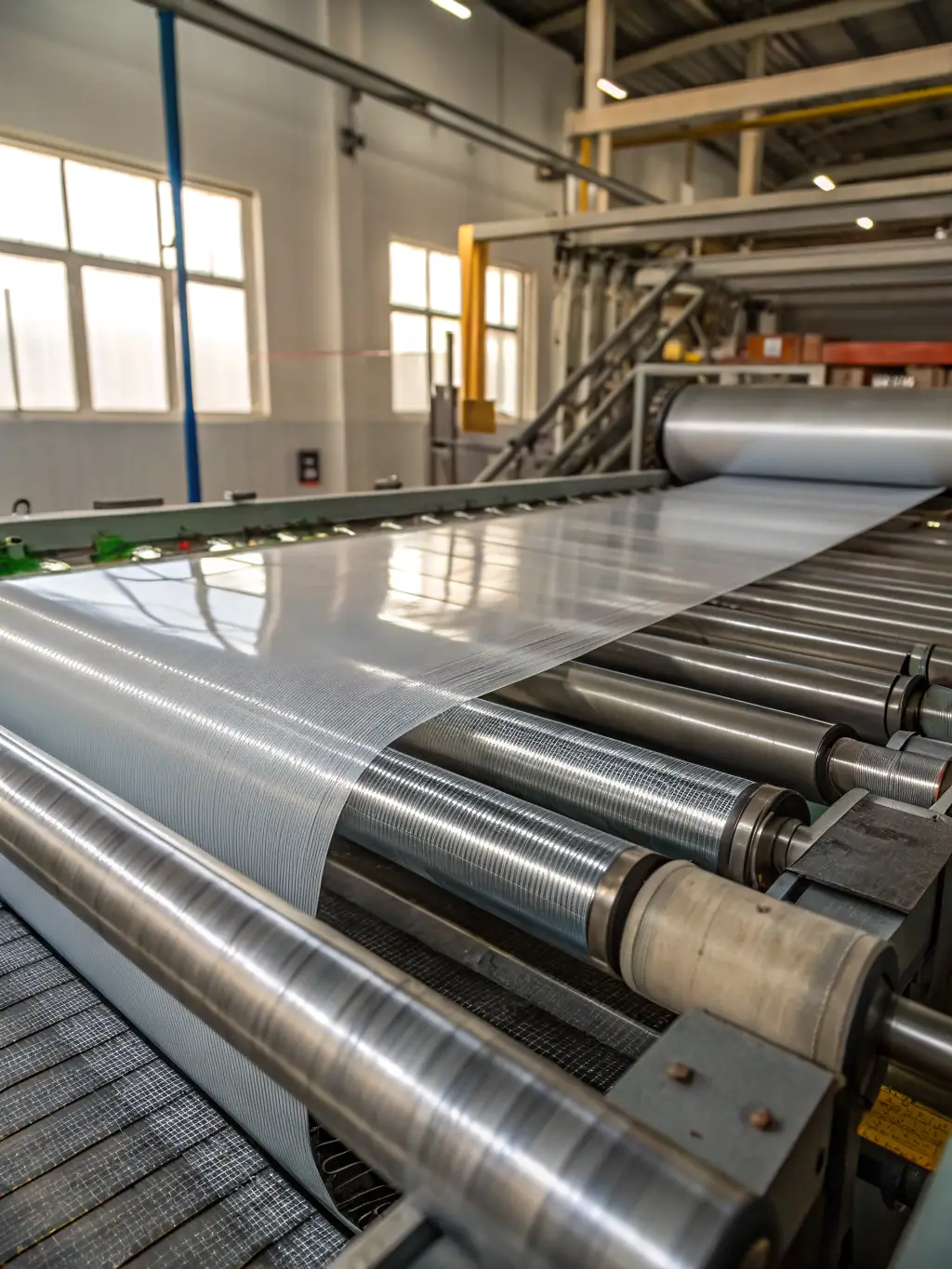 A detailed image of the wire drawing process, showing the transformation of raw steel into high-tensile wire used in the reinforcement mats. The focus is on the precision and control of the wire diameter.