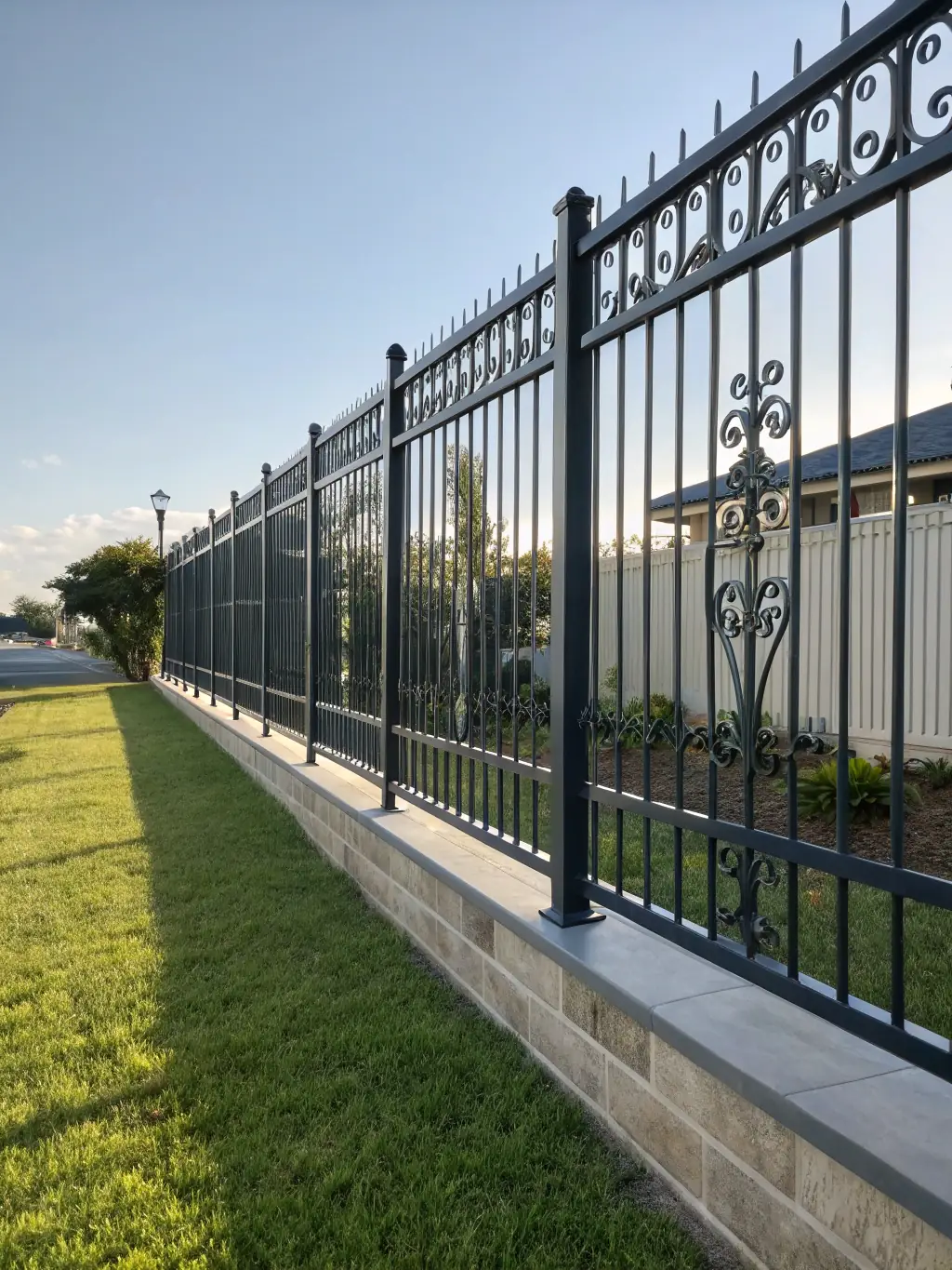 A high-resolution image showcasing an Urban Fence installation in a residential area, highlighting its clean lines and modern aesthetic, with lush greenery in the background to emphasize its seamless integration with the environment.
