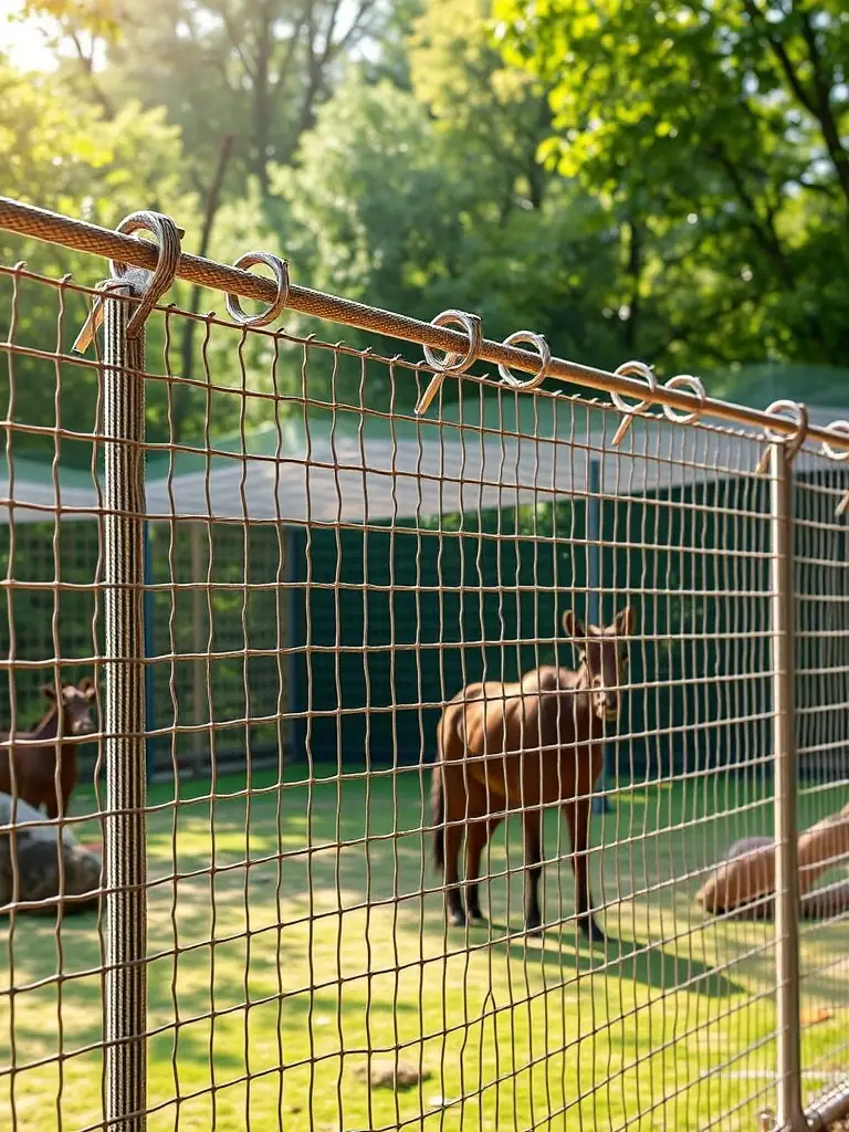 A detailed shot of hexagonal wire mesh used in an animal enclosure at a zoo, showcasing its secure and humane containment properties. The focus is on the mesh and the animals in the background.