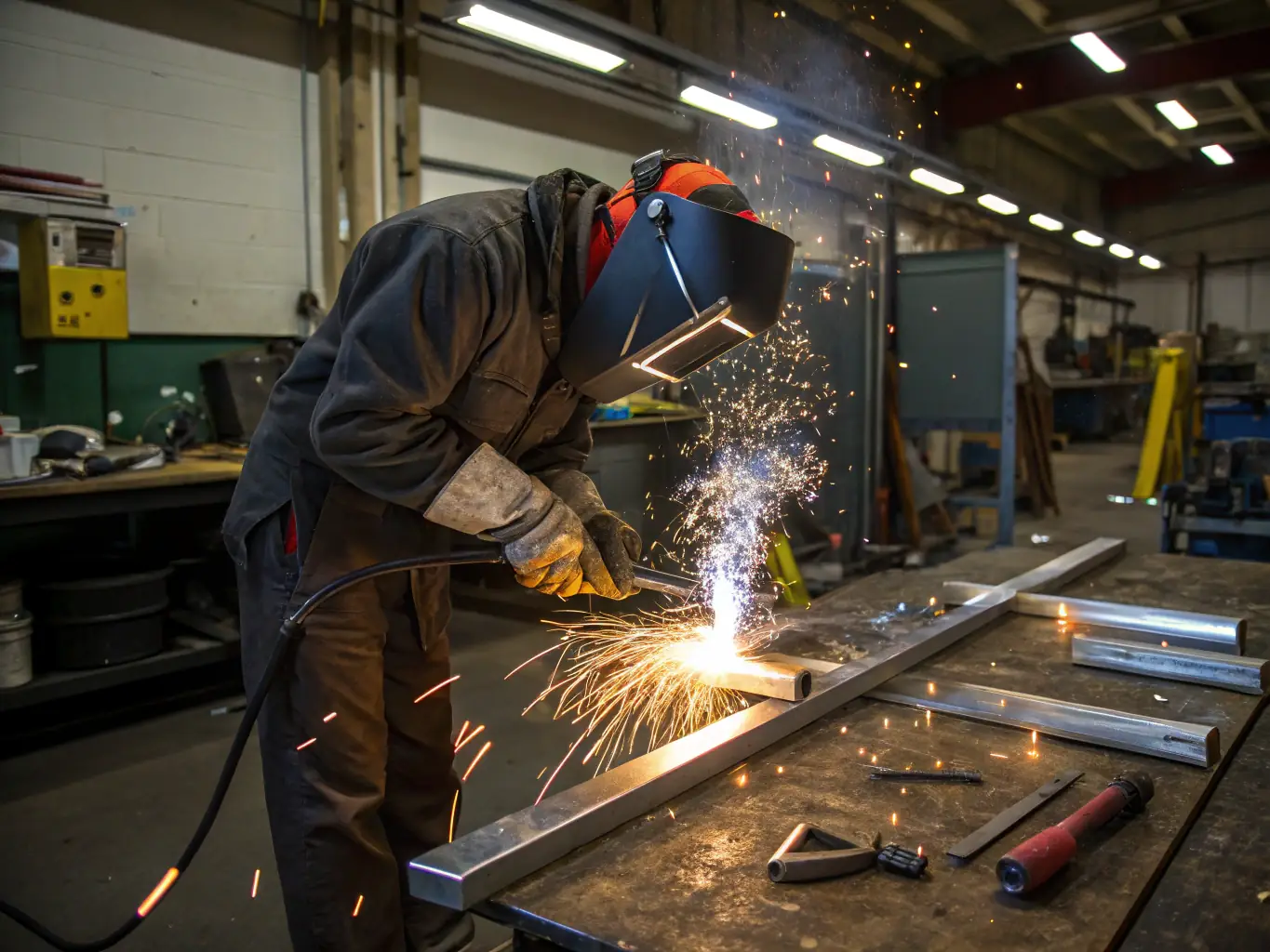 An image of a skilled welder working on a complex metal structure, highlighting the craftsmanship and expertise involved in Mutual Metal Co.'s welding services.