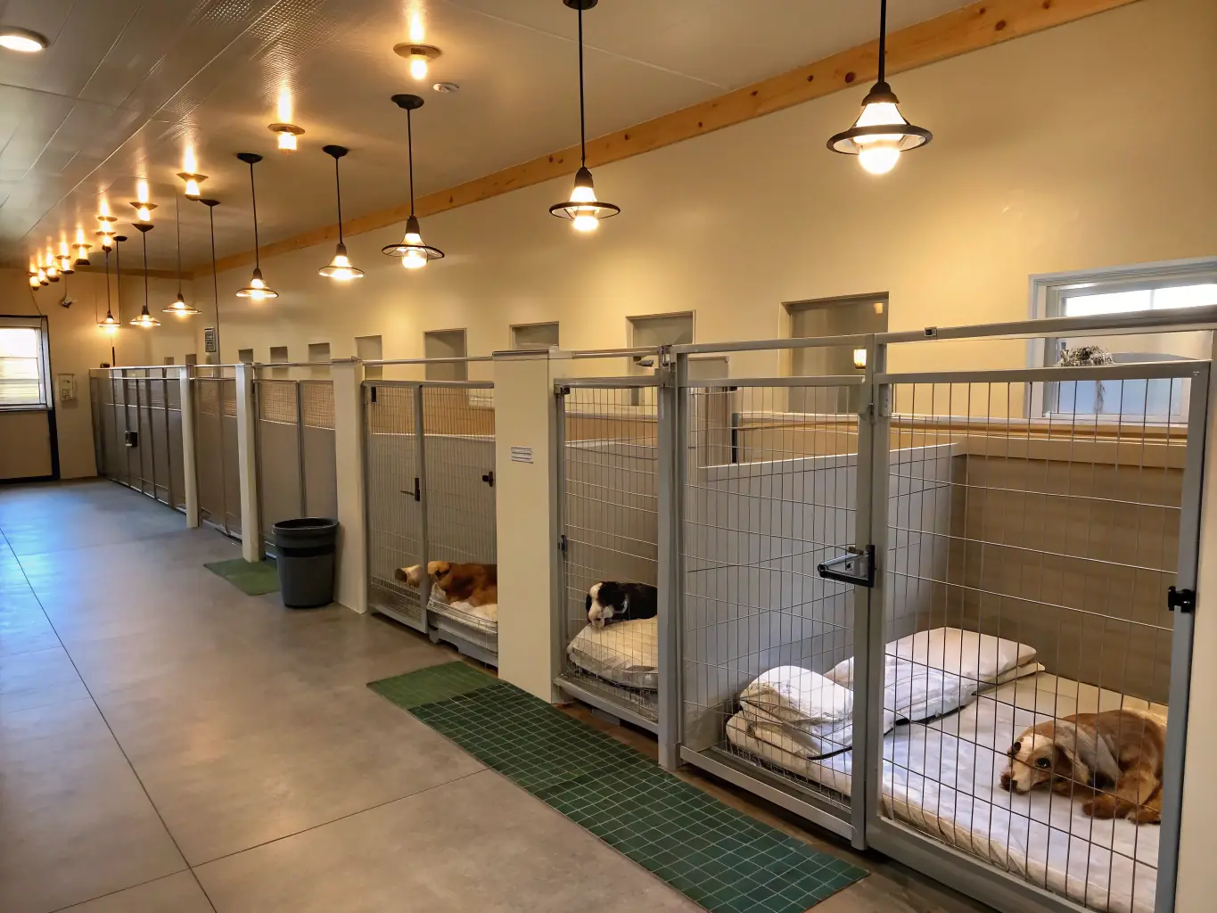 A wide shot of a professional dog boarding facility utilizing Mutual Metal kennel panels, showcasing the clean, organized, and professional appearance of the kennels.
