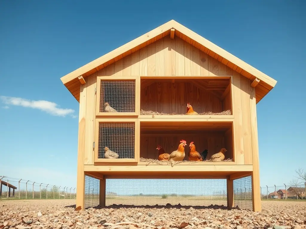 A medium shot of a chicken coop made with chicken wire, focusing on the durability and protective nature of the wire in a rural farm setting.