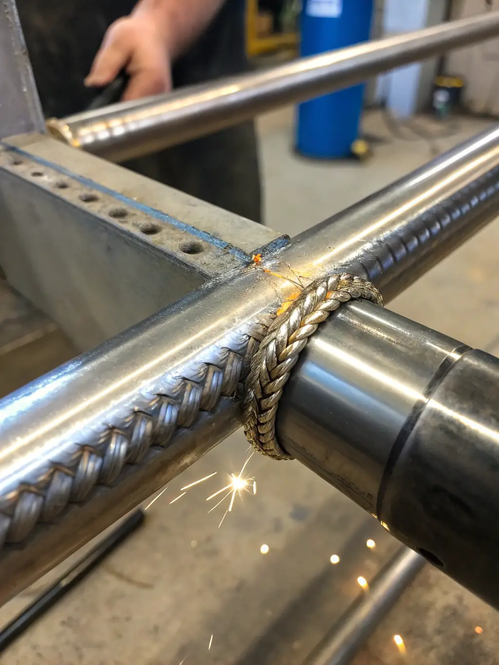 A close-up shot of a perfectly welded joint on a reinforcement mat, showcasing the precision and quality of the weld. The lighting highlights the smooth, consistent bead and the clean intersection of the wires.