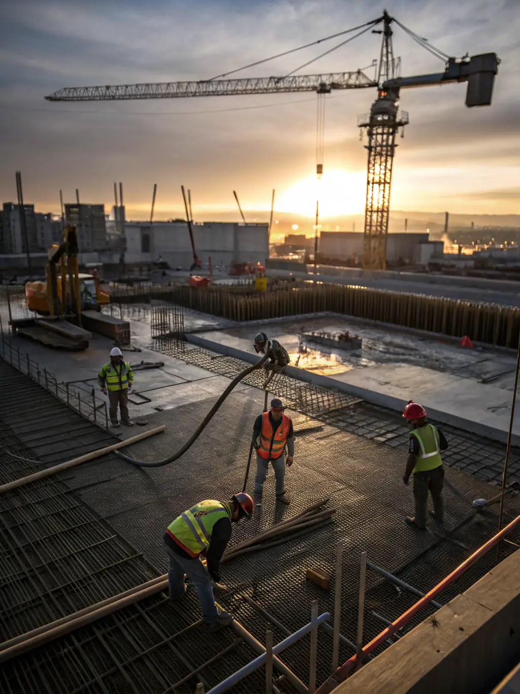 A high-angle shot of a large concrete slab being poured, with Welded Reinforcement Mat clearly visible within the concrete, ensuring structural integrity.