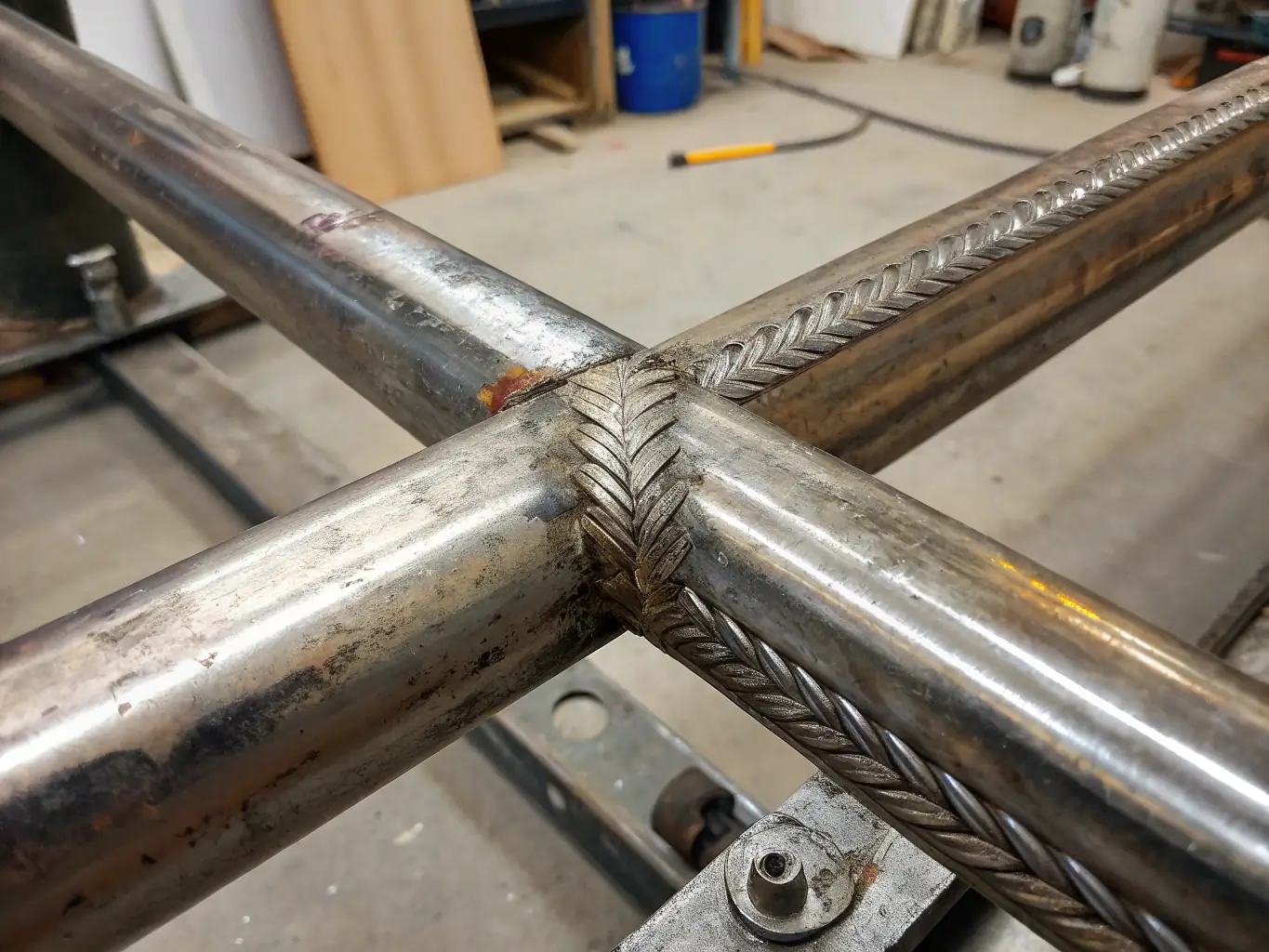 A close-up shot of a welded mining mesh intersection, showcasing the precision and strength of the weld. The mesh is made of high-tensile steel wire, and the welds are uniform and robust.