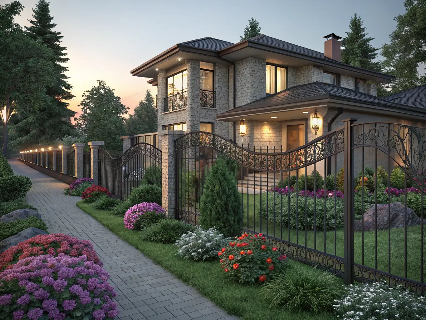 A digitally rendered image of various urban fence designs, showcasing different styles and customization options, with a focus on modern and minimalist aesthetics.