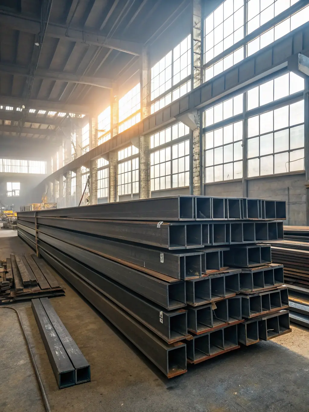 A wide shot of various sizes and configurations of welded reinforcement mats stacked neatly in a warehouse, ready for shipping. The image conveys the scale and efficiency of the production process.