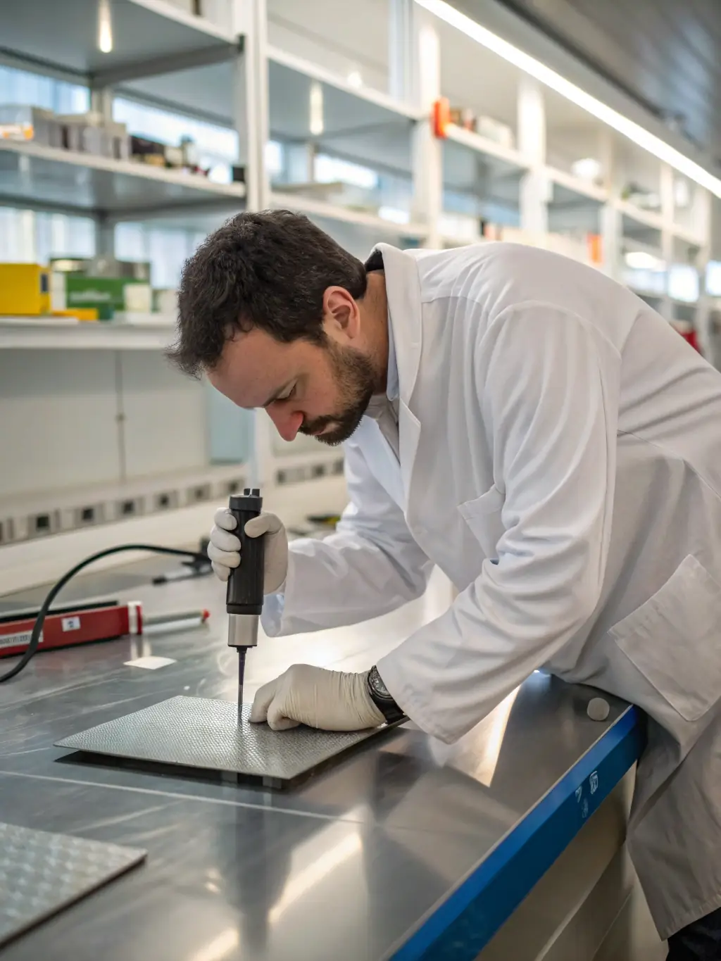 An image of a reinforcement mat undergoing rigorous testing in a quality control lab, with instruments measuring tensile strength and weld integrity. The setting is a modern, well-equipped laboratory.