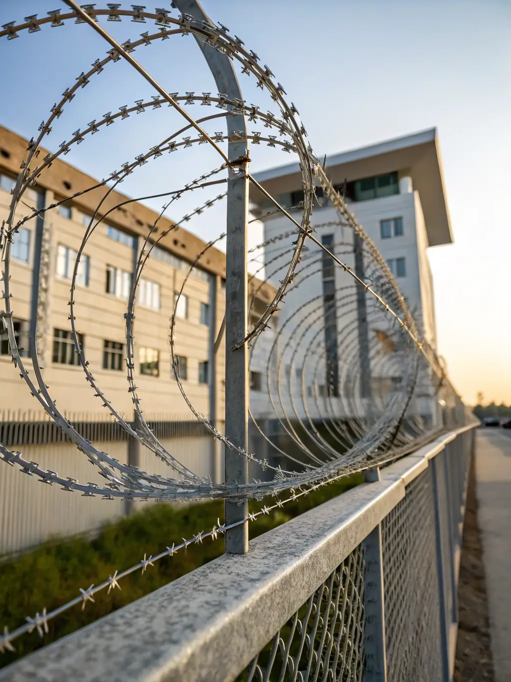 A photograph of a completed industrial security fence made with Mutual's wire mesh, installed around a commercial property.