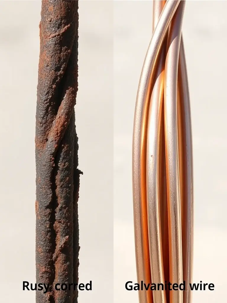 A comparison image showing regular wire rusting versus galvanized wire remaining intact, visually demonstrating the long-term cost savings.