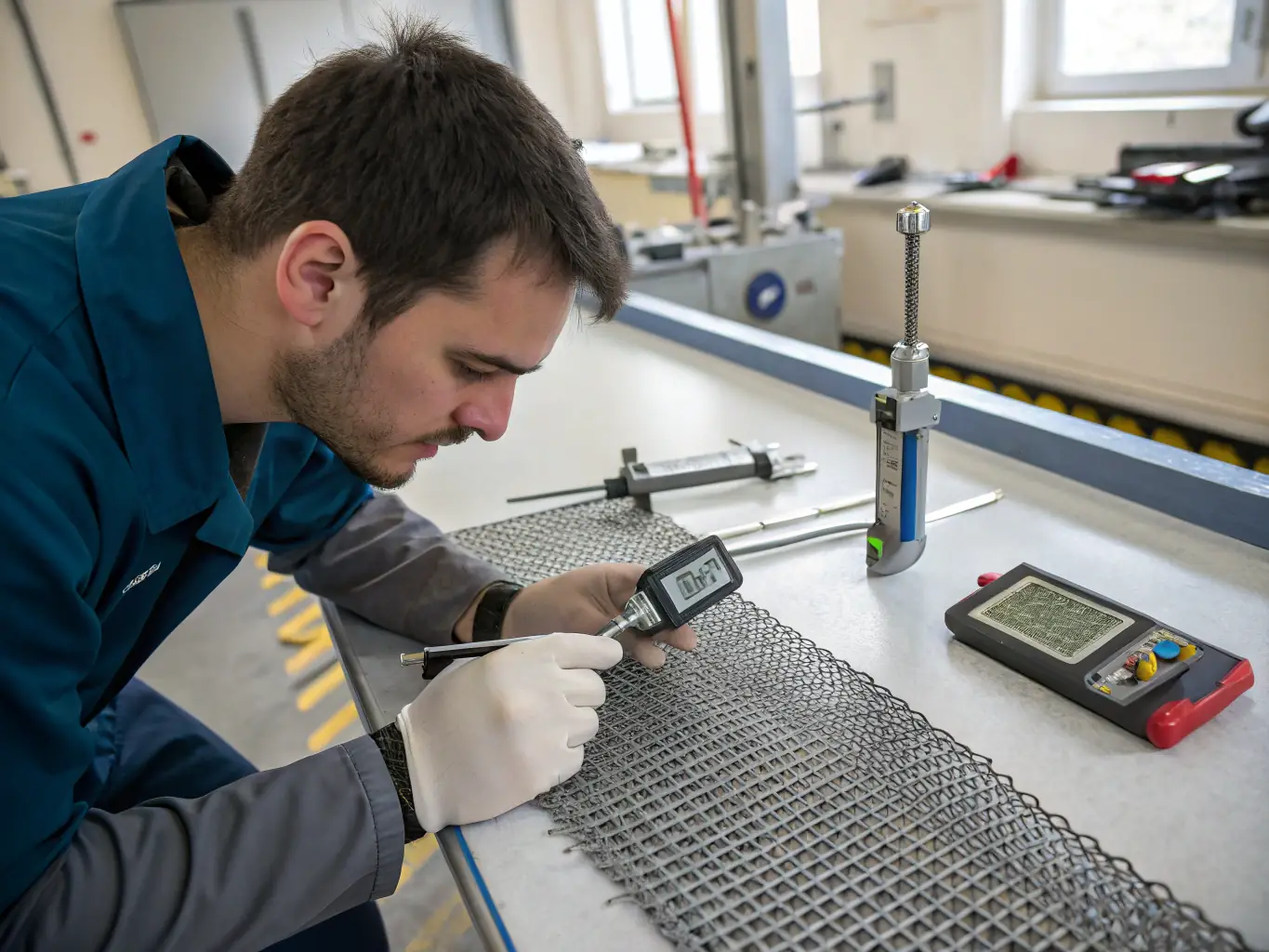 A close-up shot of a precision testing instrument measuring the mesh size of ISO 9044 woven wire cloth in a quality control lab, showcasing the accuracy and detail of the testing process.
