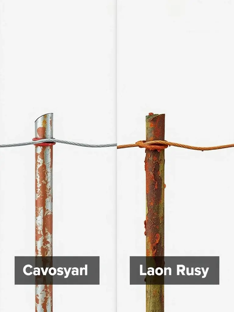 A comparison image showing regular wire rusting versus galvanized wire remaining intact after prolonged exposure to moisture.