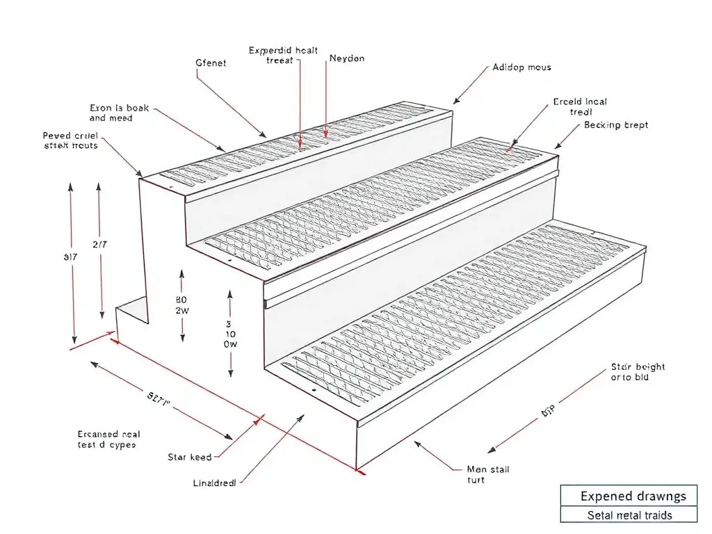 A technical drawing illustrating the recommended specifications for expanded metal stair treads, including dimensions, material types, and load-bearing capacities. The drawing is clean and precise, with clear annotations and labels.