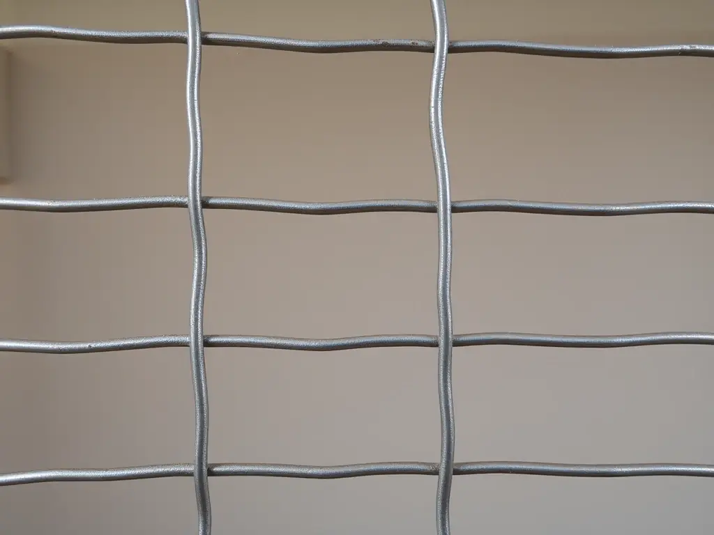 A close-up shot of a welded wire mesh panel, showcasing its robust construction and uniform grid pattern, highlighting its rigidity and structural integrity.