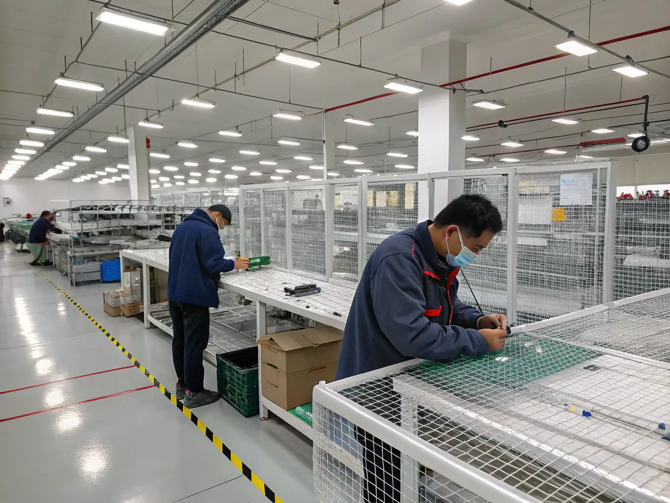 A high-resolution image showcasing metal wire mesh being used as equipment guarding in a manufacturing plant, with robotic arms visible behind the mesh.