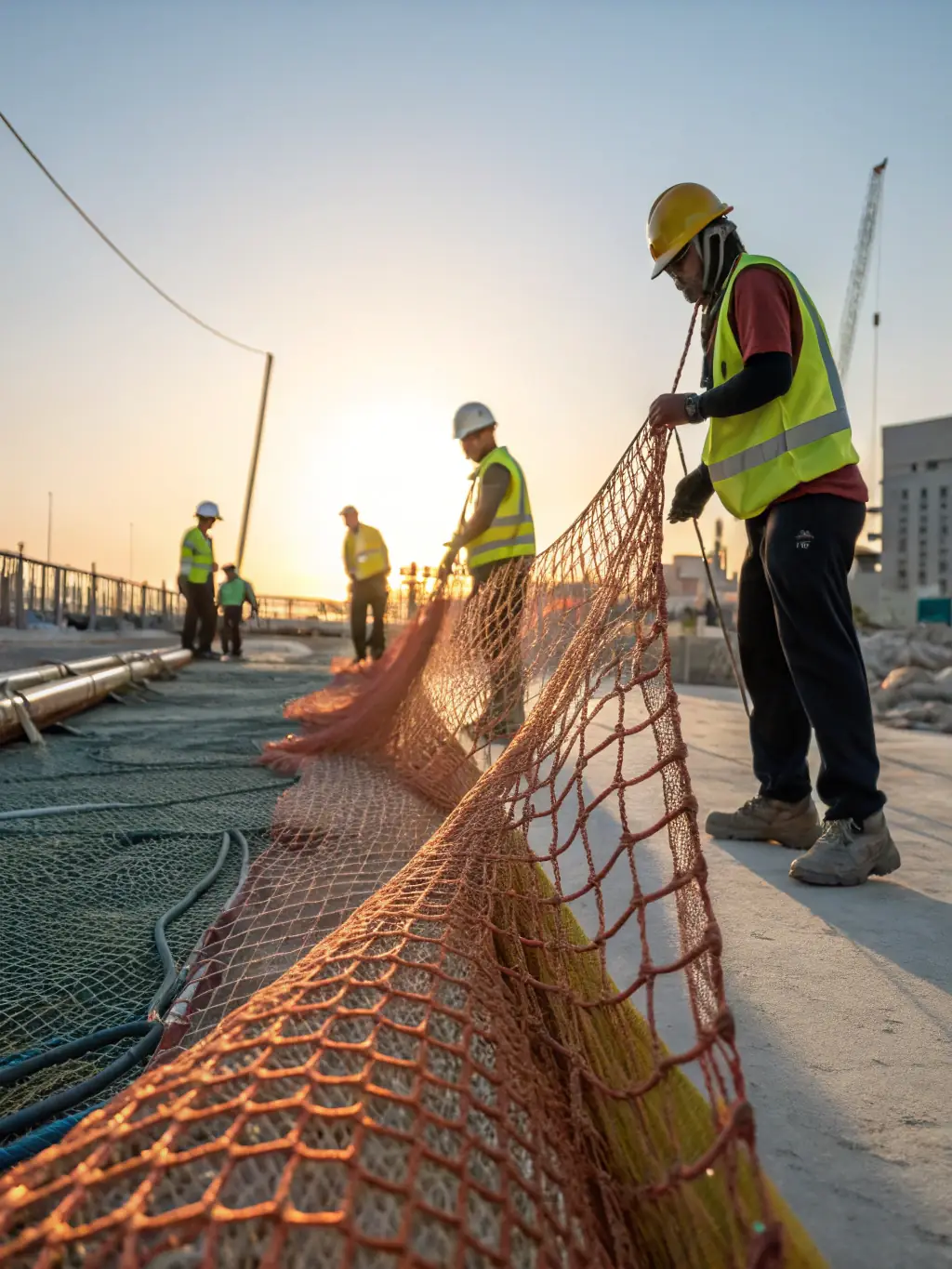 A construction site scene where workers are easily installing welded wire mesh, showcasing its user-friendly application and time-saving benefits.