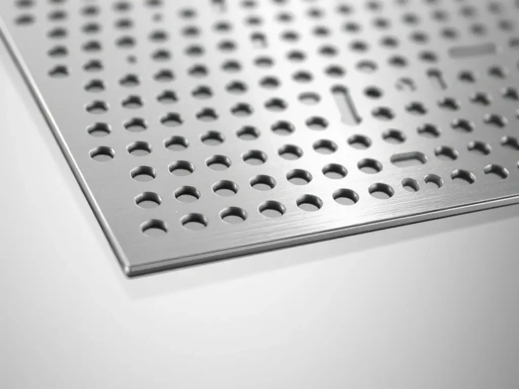 A close-up shot of a perforated metal façade panel with a custom geometric pattern, showcasing the precision and aesthetic detail achievable with Mutual Metal's fabrication services. The panel is made of high-grade aluminum with a durable, corrosion-resistant finish.