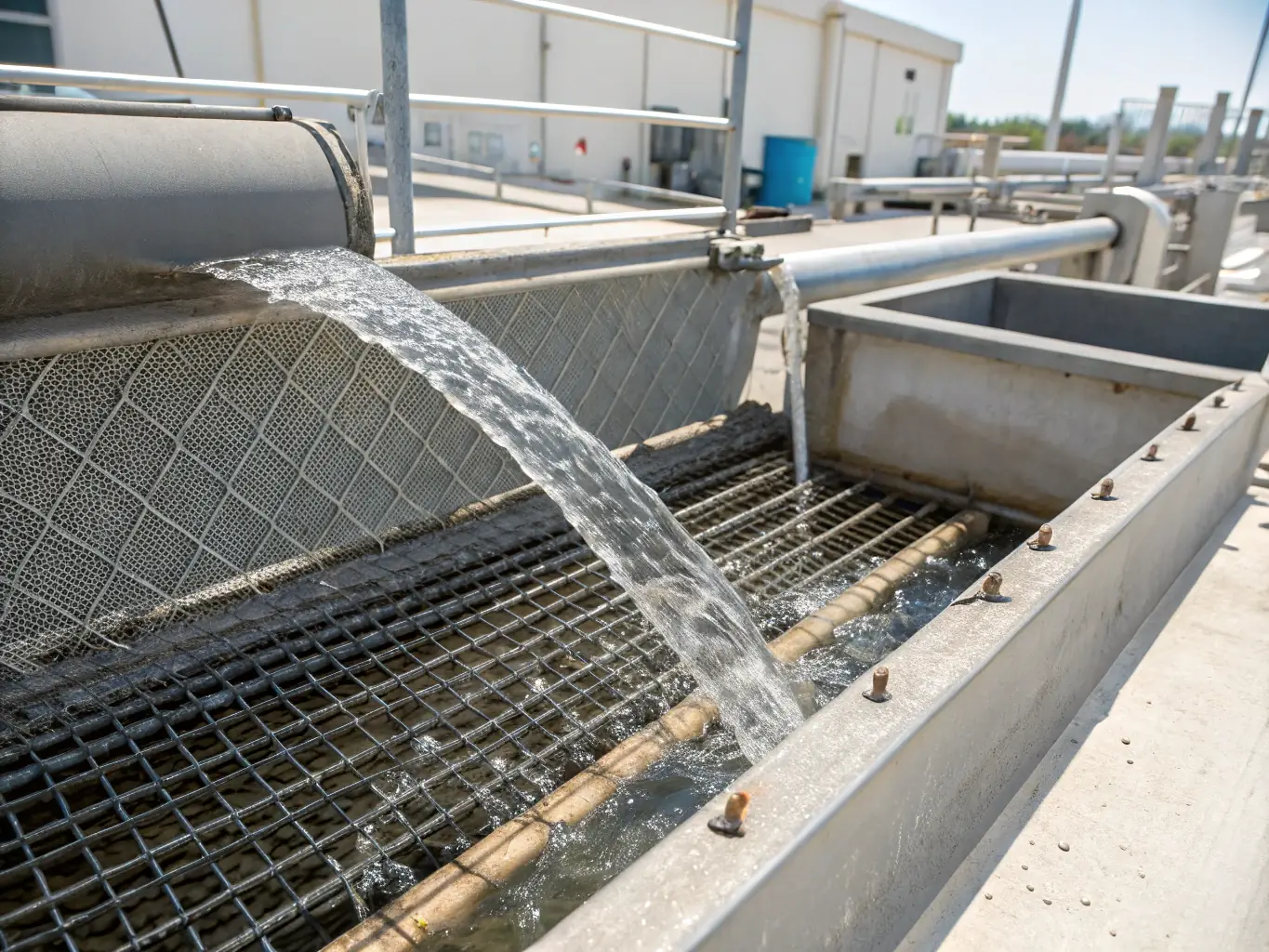 A close-up shot of a metal wire mesh filter being used in a water purification system, showcasing its fine filtration capabilities and durability in an industrial setting.