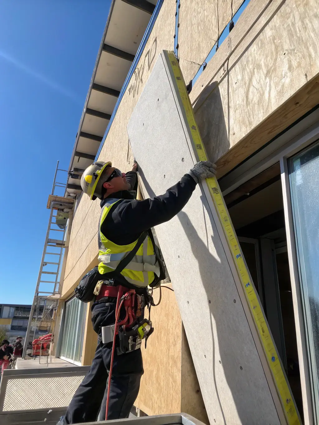 A lightweight expanded metal sheet being installed on a building façade, demonstrating ease of handling and reduced structural load, emphasizing its lightweight properties.