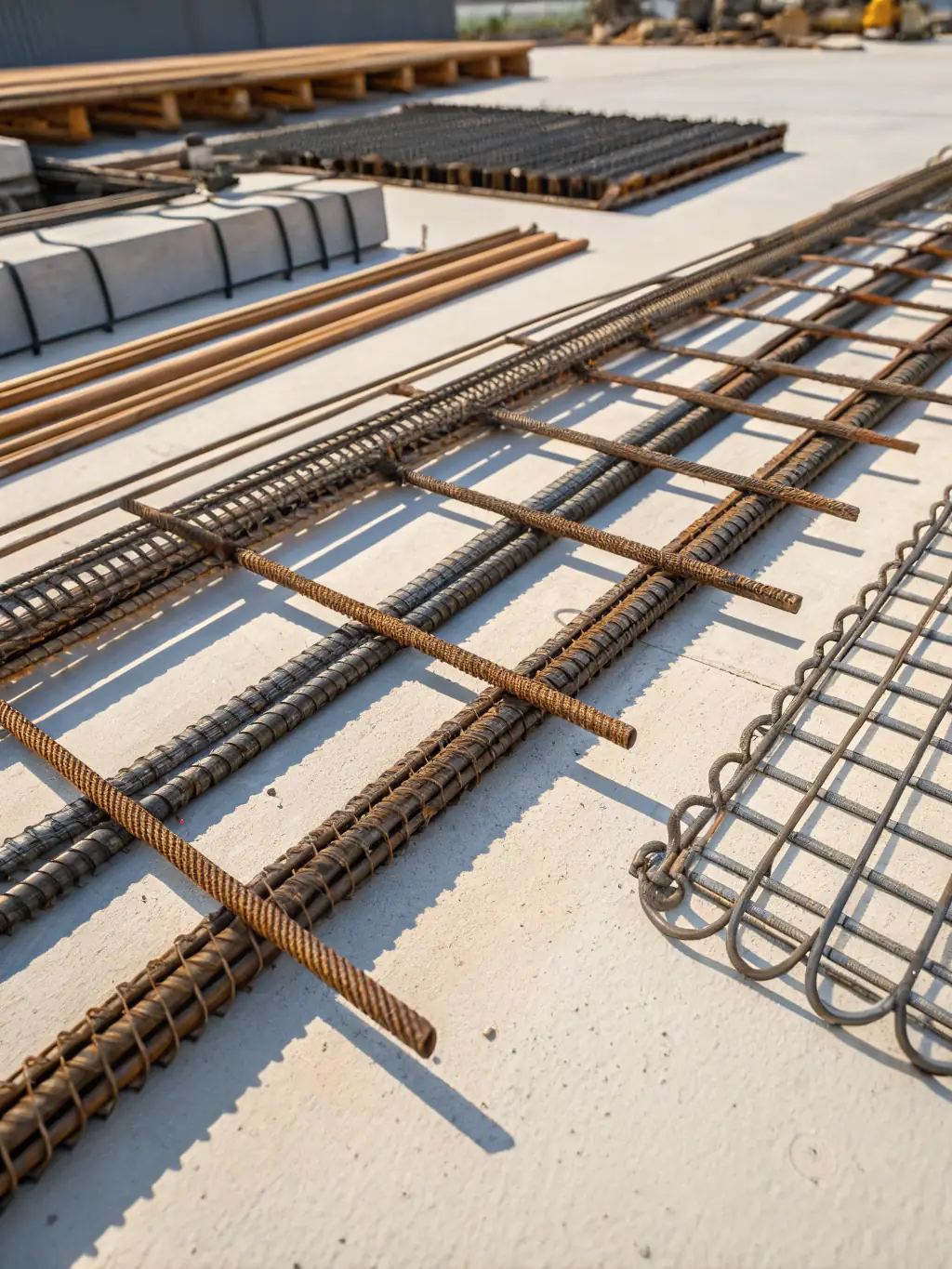 A high-angle, close-up shot of galvanized steel rebar arranged in a grid pattern, ready for concrete pouring on a construction site, emphasizing the strength and precision of Mutual's reinforcement solutions.