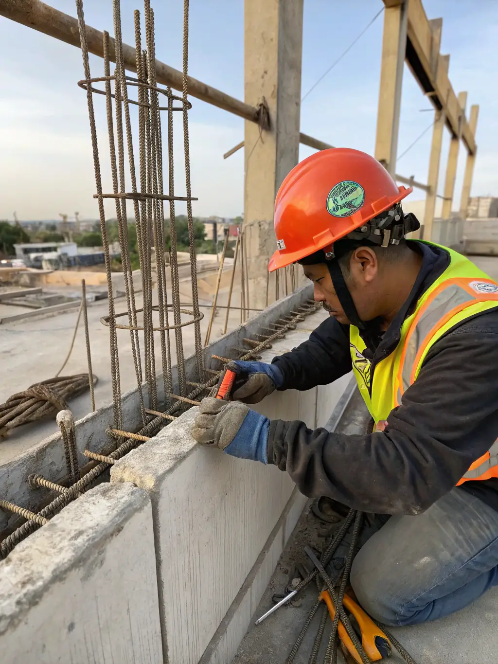 A medium shot of a worker installing a section of Mutual's wire mesh in a concrete slab, highlighting its role in preventing cracks and enhancing durability.