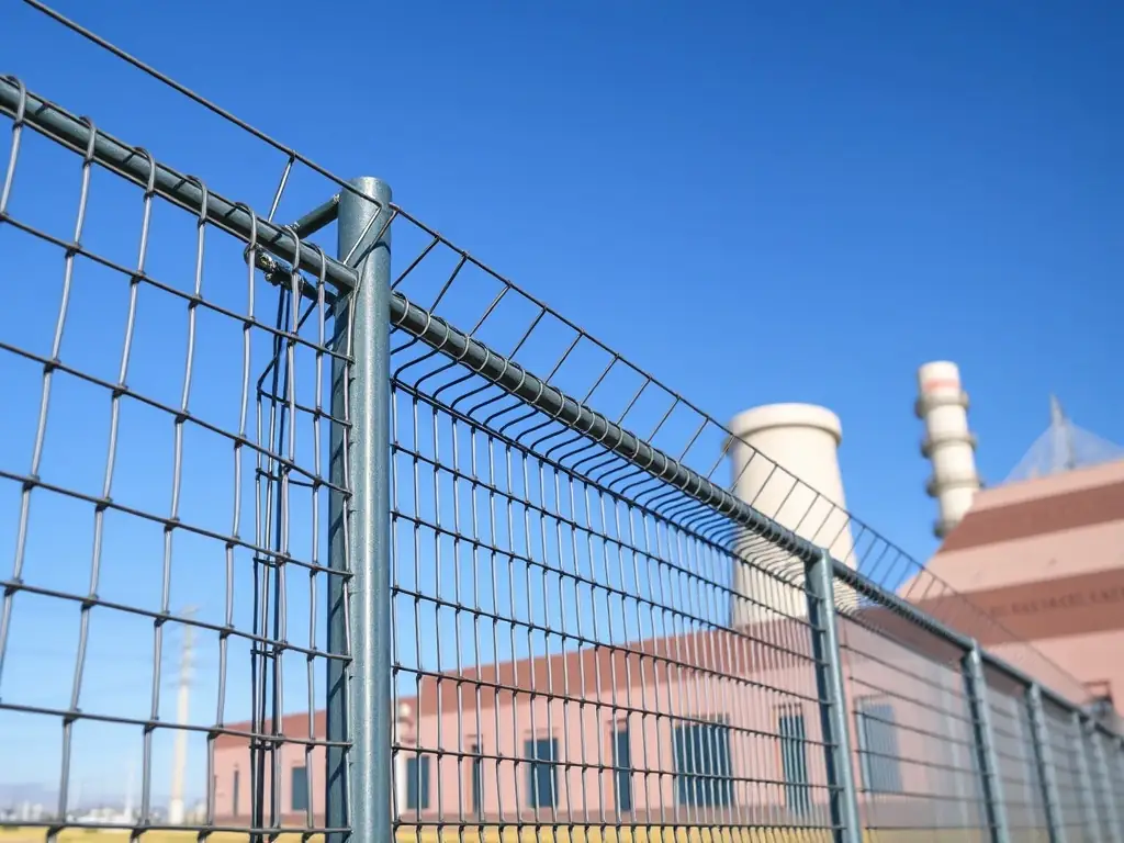 A high-resolution image showcasing a MeshForge anti-climb fence installed around a critical infrastructure facility, such as a power plant, under a clear blue sky. The fence should appear robust and impenetrable.