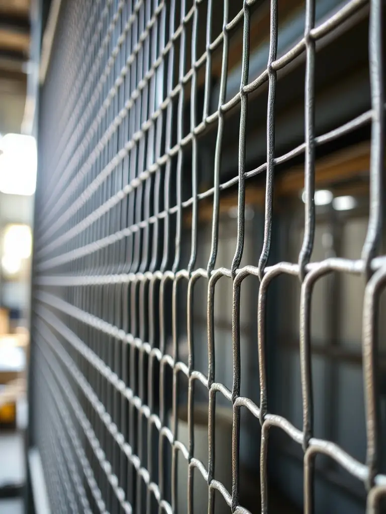 Close-up of Mutual Metal's durable mesh panels used in an industrial setting, providing safety and protection while maintaining visibility.