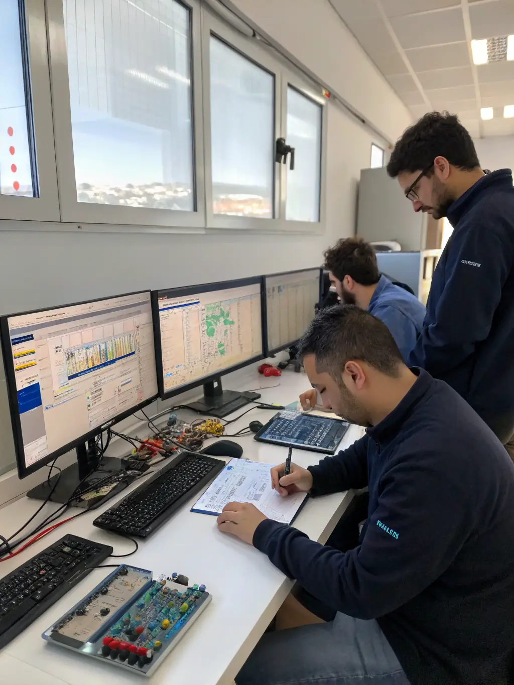 A photograph of MeshForge's engineering team working on a custom mesh design, using CAD software and collaborating on the specifications. The image should convey innovation and precision.