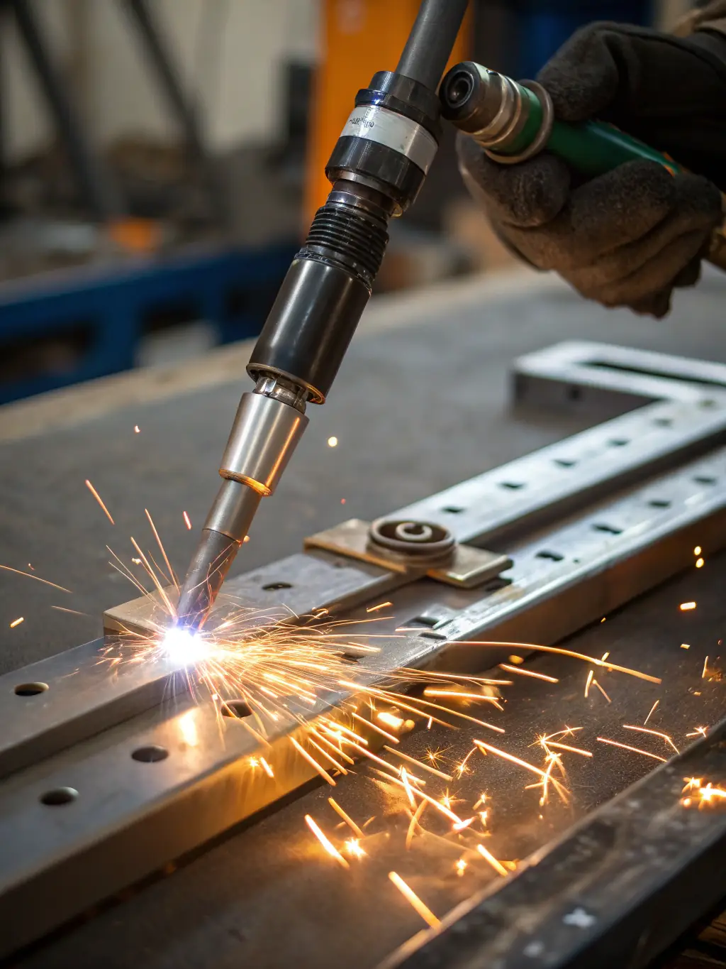 A close-up shot of the advanced welding technology in action, showcasing the precision and quality of the welds on a metal wire mesh panel. Sparks are visible, highlighting the intensity of the process.