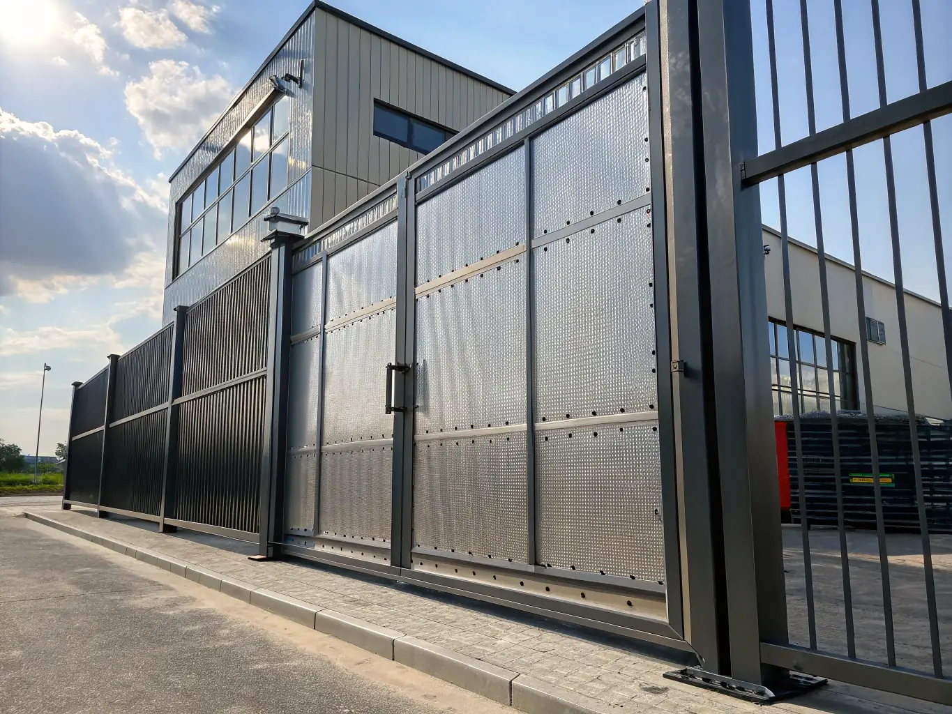 An image of a security gate made with metal mesh, showing the locking mechanism and the overall robust design.