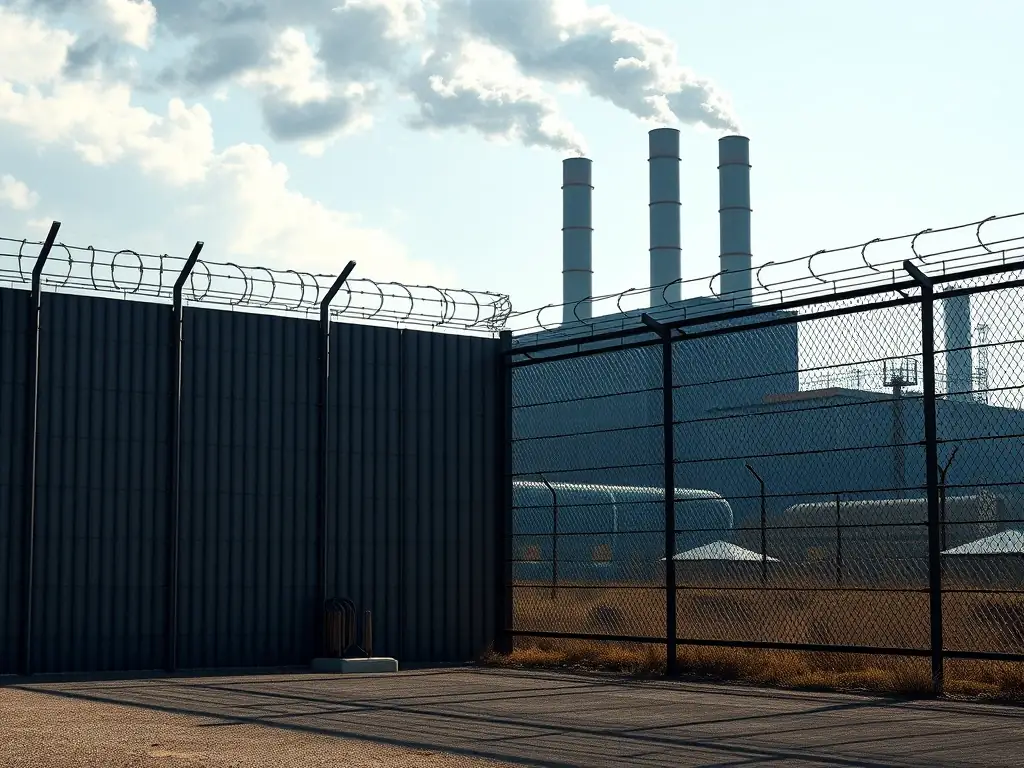 An aerial view of a MeshForge security fence surrounding a large industrial complex, demonstrating the scale and effectiveness of the perimeter protection. The image should convey a sense of security and control.