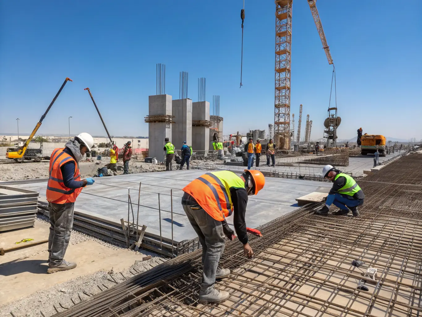 A high-angle shot of a construction site where Mutual Metal's wire mesh is being used to reinforce concrete structures, showcasing its strength and durability in building applications.