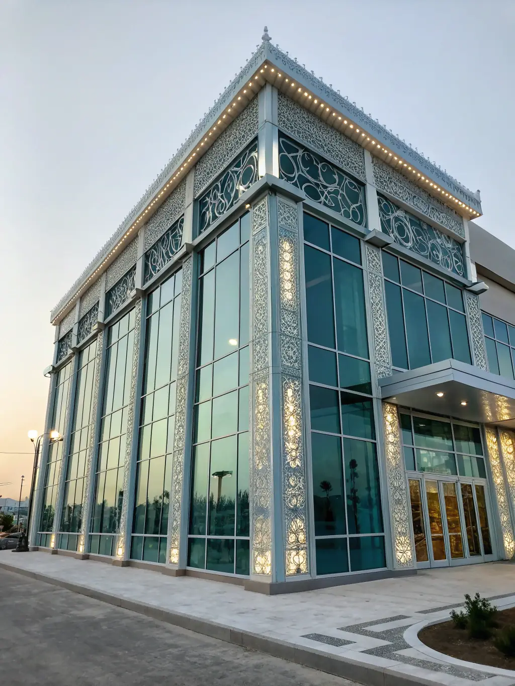 A modern building facade featuring Mutual Metal's perforated metal panels, showcasing a sleek and contemporary design with integrated lighting.