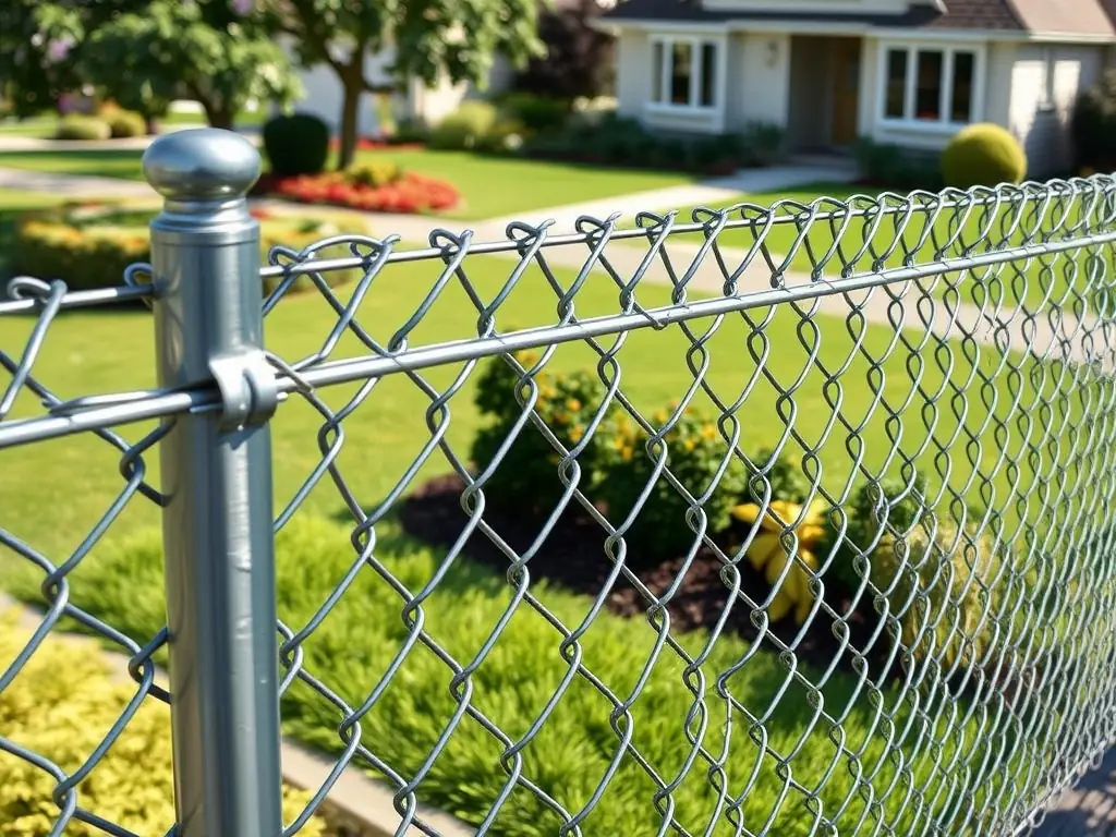 A medium shot of a chain link fence surrounding a residential property, with a well-manicured lawn and landscaping visible inside. The fence provides a secure and aesthetically pleasing boundary for the property.