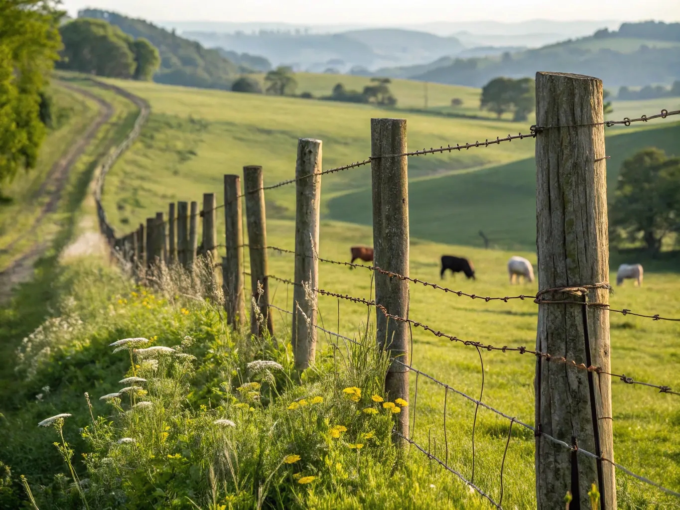 A lush agricultural field enclosed by MeshForge welded wire fencing, showcasing livestock grazing peacefully within the secure perimeter.