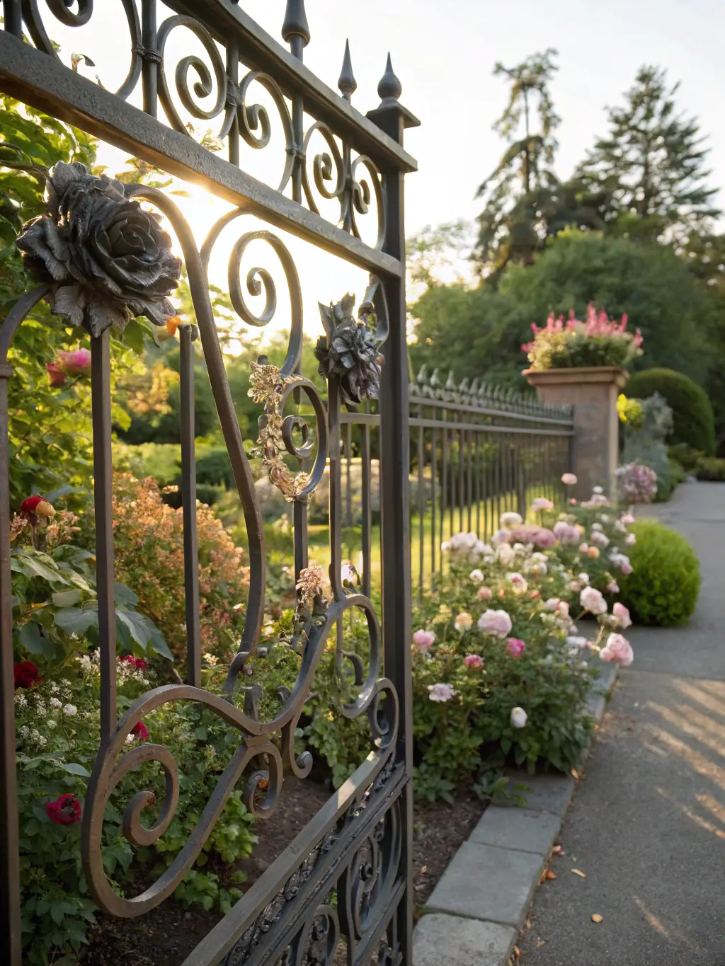 A wrought iron fence with custom-designed elements, such as unique finials and decorative accents, illustrating the possibilities for personalization.