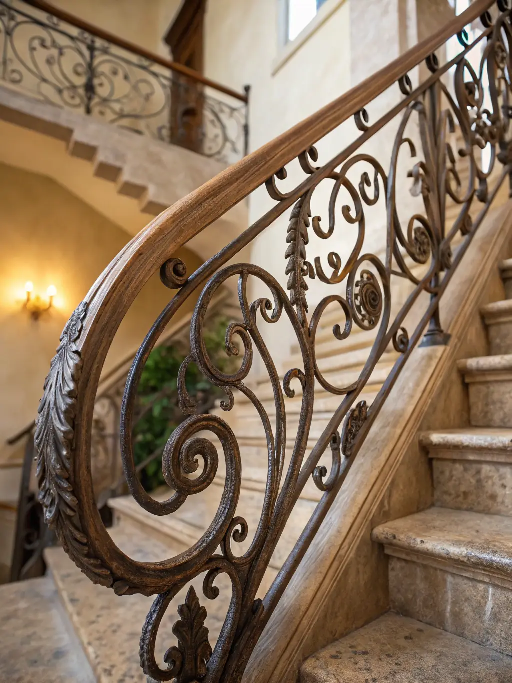 A close-up shot of a wrought iron fence showcasing intricate scrollwork and design details, highlighting the aesthetic appeal and craftsmanship.