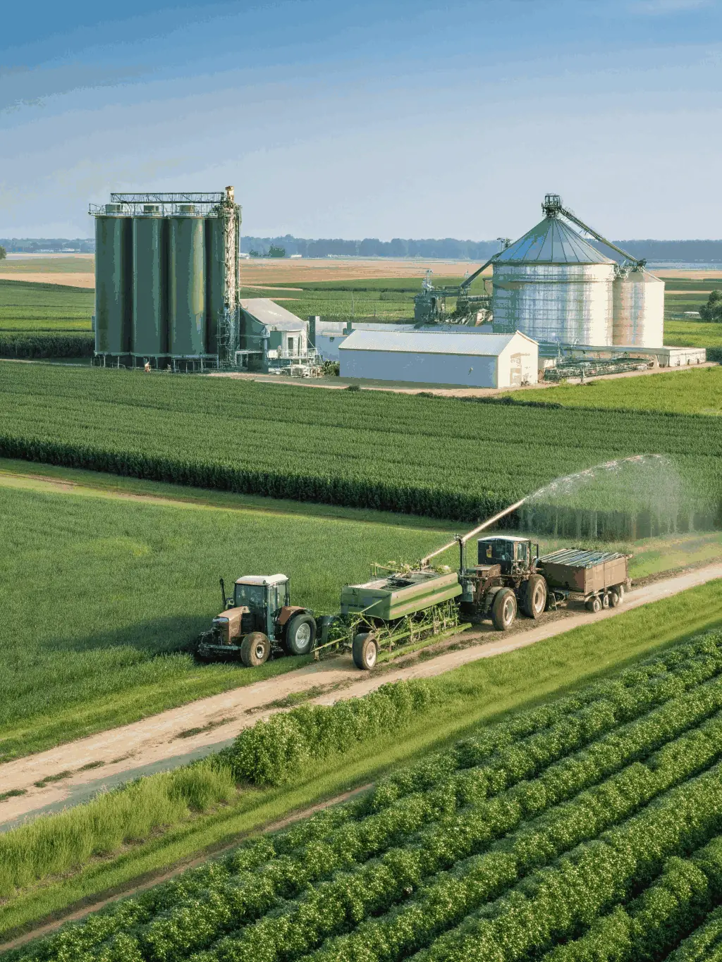 A high-angle shot of a modern, efficient automated irrigation system in a large agricultural field, showcasing metal pipes and components.
