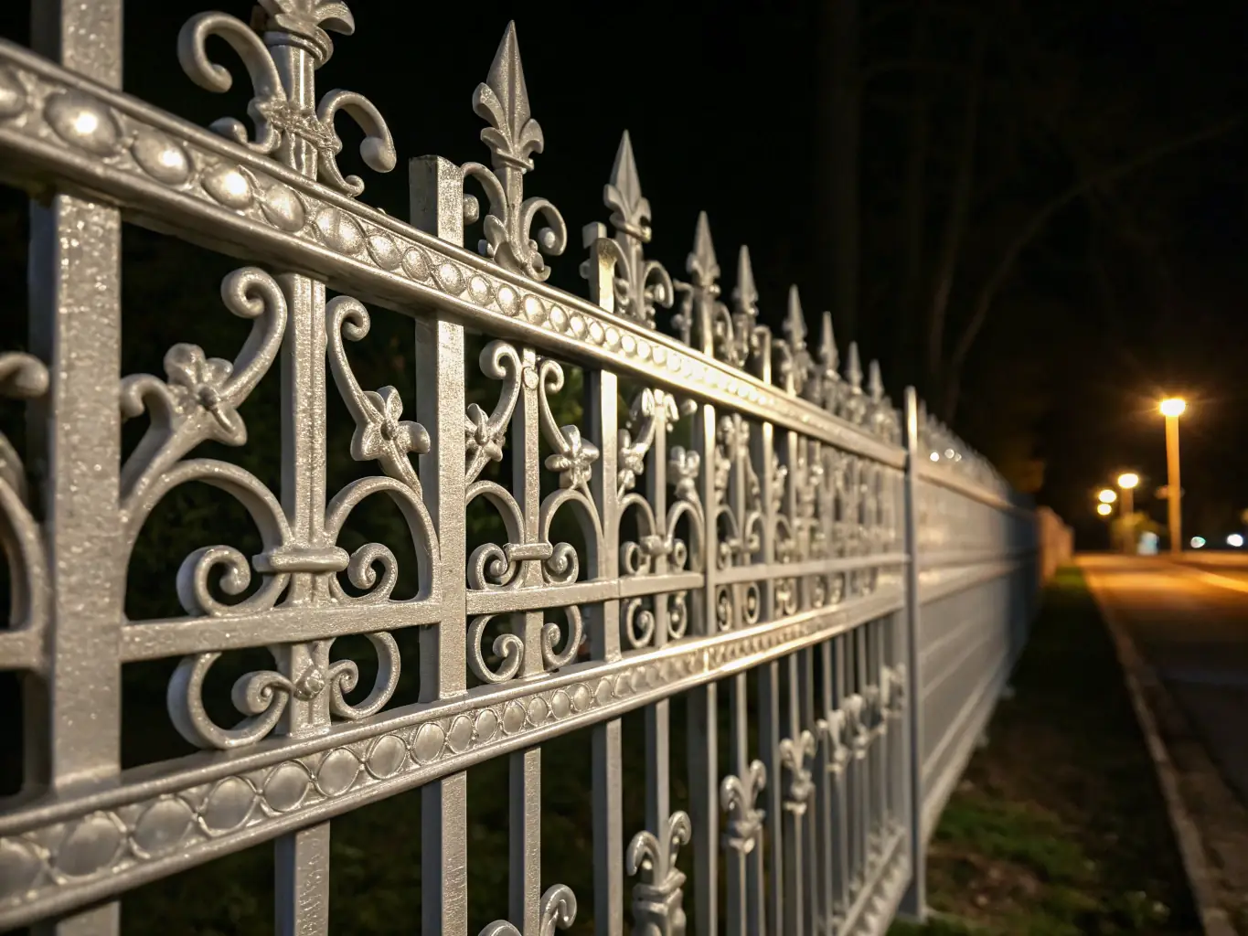 A detailed image of a wrought iron fence with intricate designs, highlighting its aesthetic appeal and ability to enhance property value.