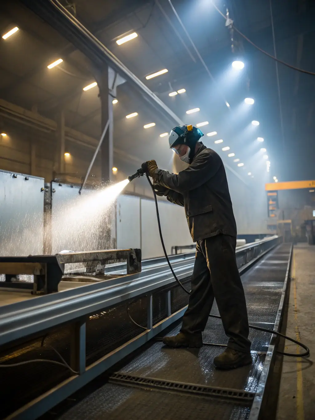 A wrought iron fence being powder-coated in a manufacturing facility, demonstrating the application of protective coatings for enhanced durability.
