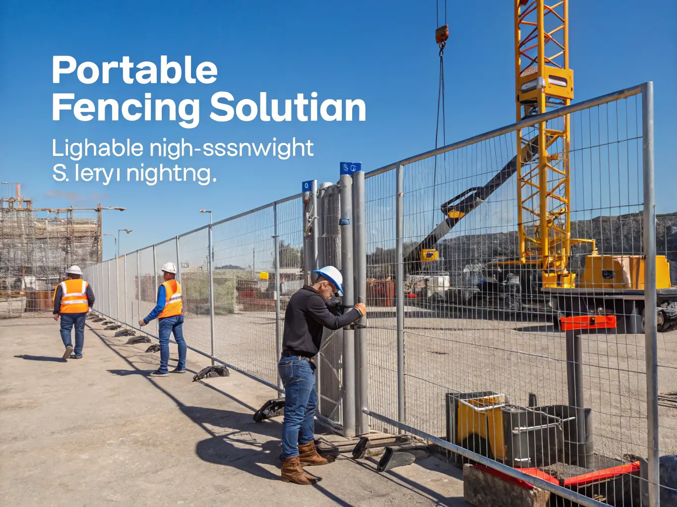A construction site featuring MeshForge welded wire fences used as temporary barriers, with workers in hard hats visible in the background, emphasizing safety and security.