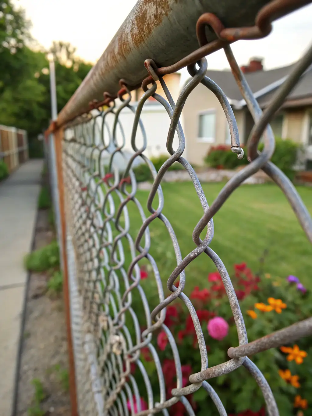 A section of chain link fence with a diamond pattern, illustrating its security and ease of installation. The fence is coated in black PVC, and the background shows a commercial property.