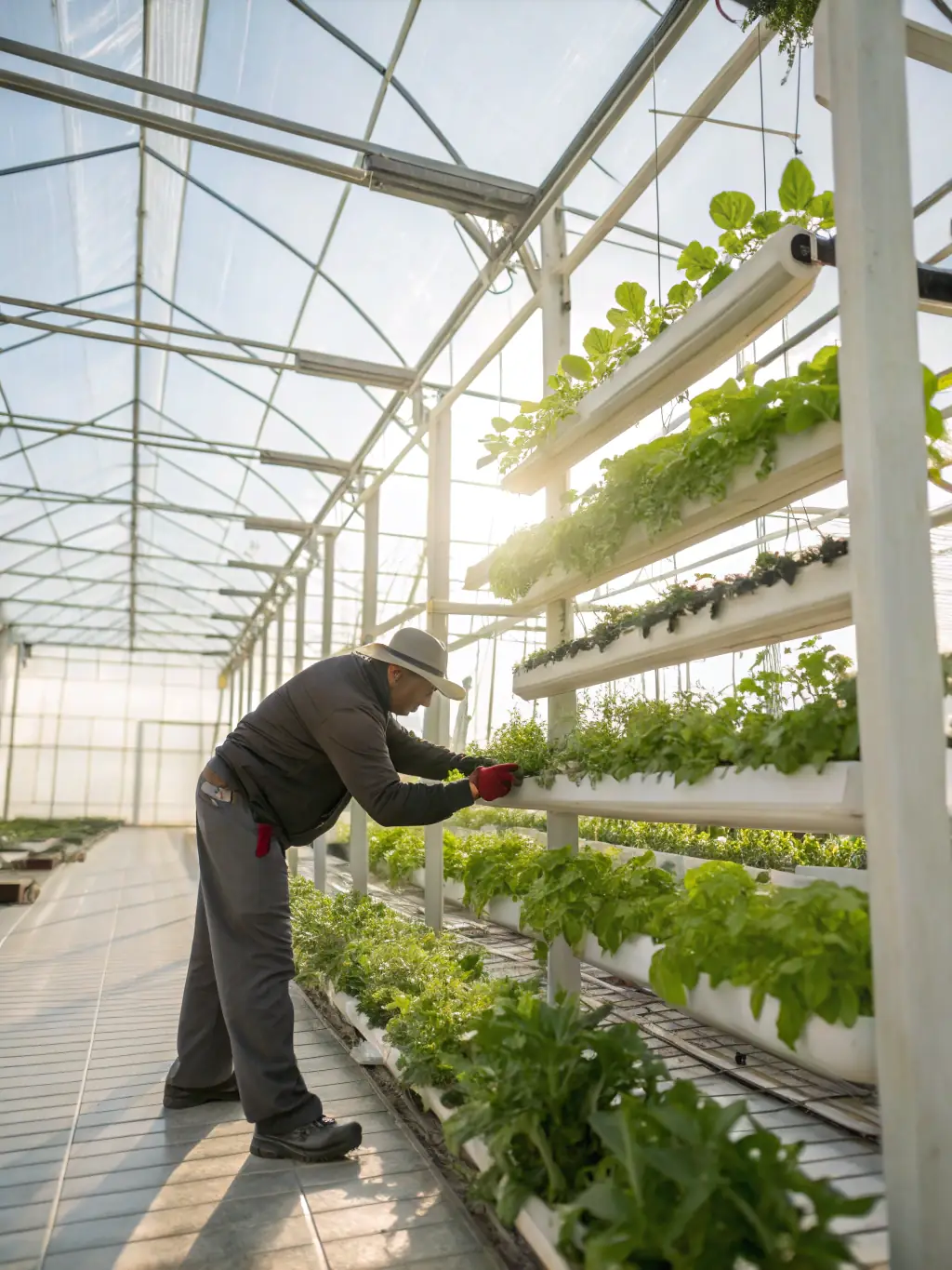 A farmer inspecting a metal structure used for vertical farming, highlighting the customization and adaptability of MutualMetal's products.