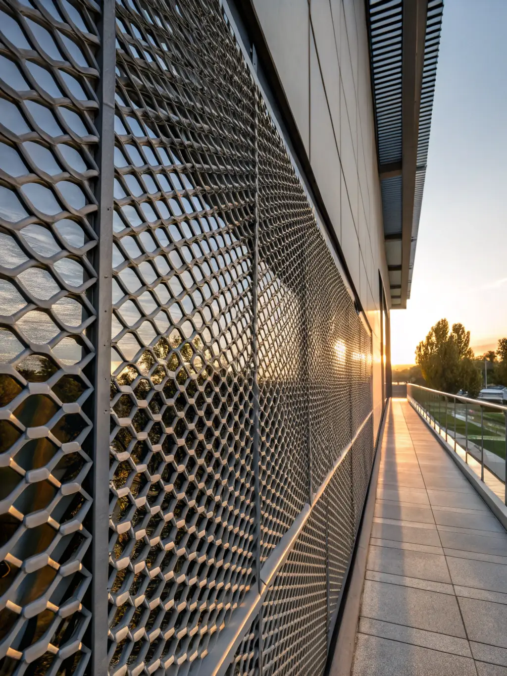 A modern architectural facade clad in MutualMetal's perforated metal panels, providing both aesthetic appeal and functional ventilation.