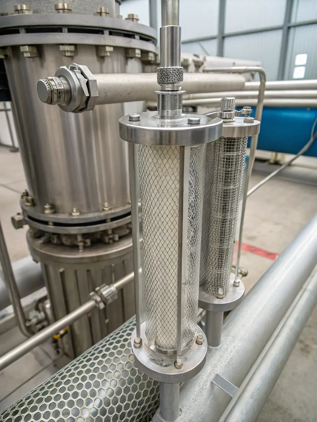 A close-up of MutualMetal's wire mesh used in an industrial filtration system, showcasing its precision and durability.