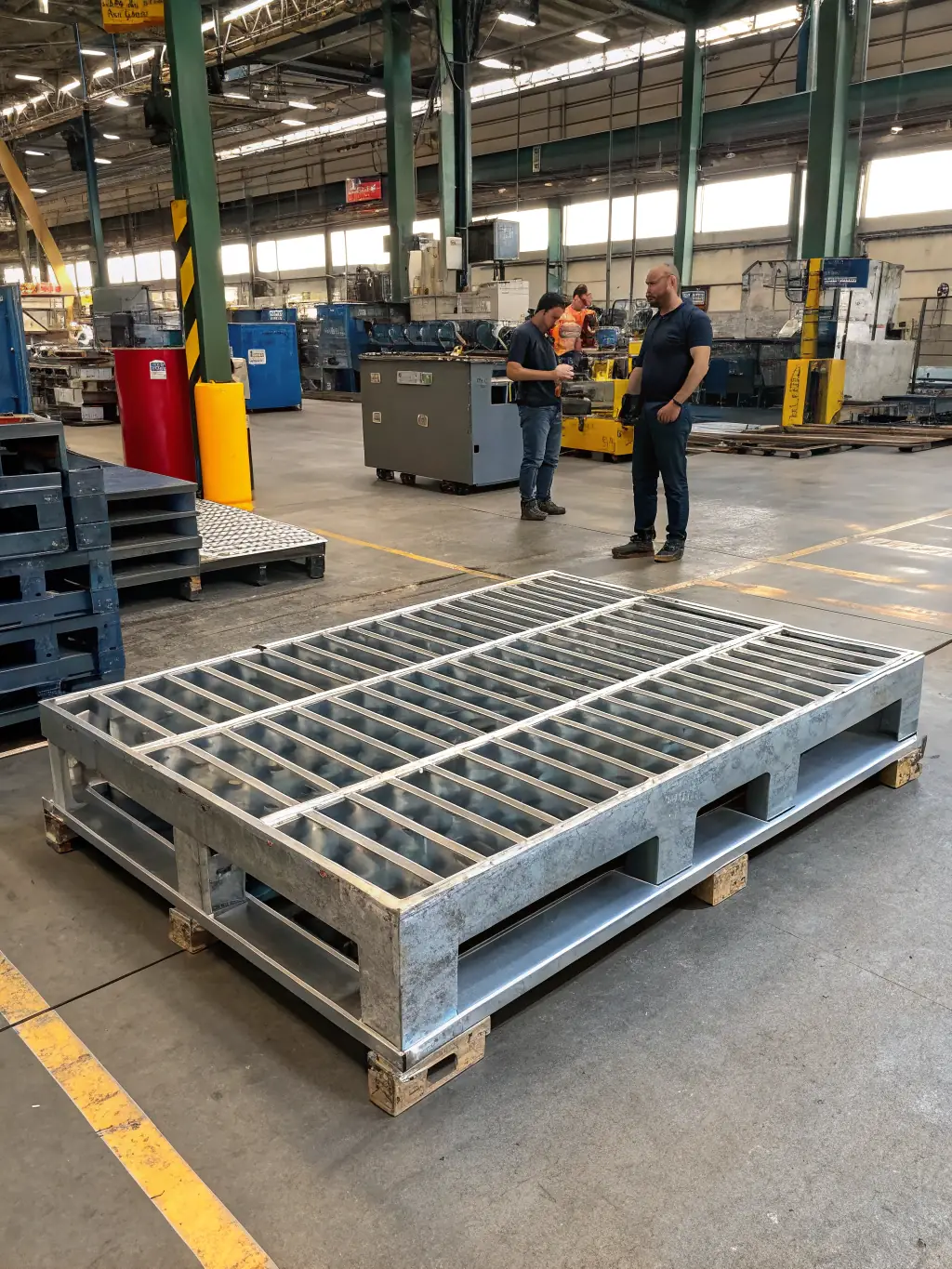 An industrial setting with bar grating used as flooring in a manufacturing plant, demonstrating its load-bearing capacity and safety features in heavy-duty environments.